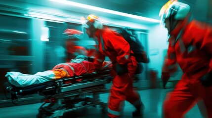 A group of paramedics rushing a patient into an emergency room on a stretcher, with medical staff ready to assist, capturing the urgency and dedication of first responders in a life-saving situation.