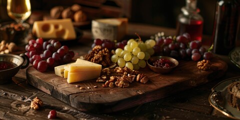 Cheese Platter Featuring Imeretian and Smoked Suluguni, Accompanied by Grapes and Nuts on a Wooden Board, Celebrating Traditional Cuisine, No People Present
