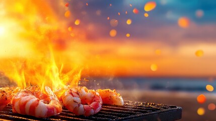 Seaside Summer Cookout: Grilling Fresh Seafood with Vibrant Watercolor Splashes Capturing Carefree Vibes