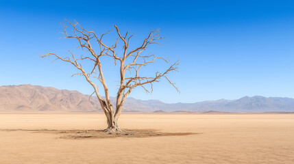 Fototapeta premium A solitary dead tree stands in an expansive, arid desert with distant mountains and a clear blue sky, desolation and resilience