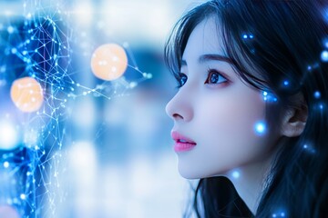 Side profile of a woman with glowing particles surrounding her symbolizing the integration of technology intellect and modern connectivity in a bright digital art style