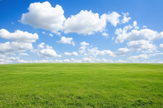 A vast green grassy field stretching toward the horizon under a bright blue sky filled with fluffy white clouds, open space and tranquility