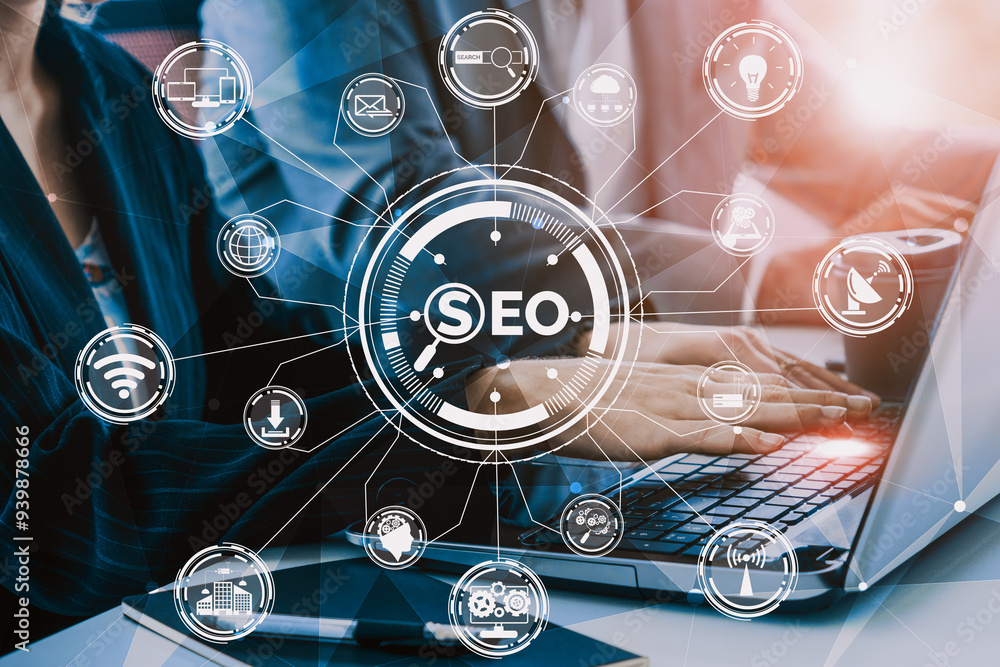 Aufkleber seo - search engine optimization for online marketing concept. modern interface showing symbol of ke
