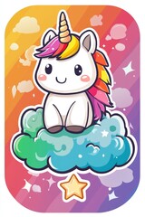 Naklejka premium Cute Cartoon Unicorn on a Cloud with Rainbow Background