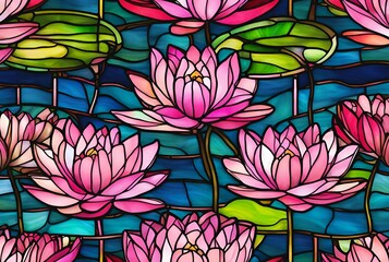 Stained glass pink water lilies background, colorful water lily and lily pads in the pond, floral wallpaper 
