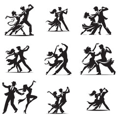 Swing Dance Silhouette illustration, Black and white Salsa Dance Illustration, Couple Pasodoble dance Silhouette