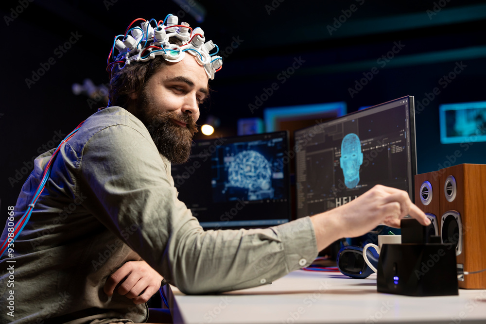 Poster man wearing eeg headset inserting disk into pc containing software turning ai into sentient being, s