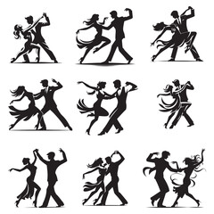 Swing Dance Silhouette illustration, Black and white Salsa Dance Illustration, Couple Pasodoble dance Silhouette
