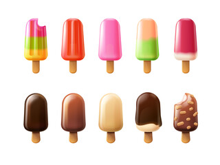 3d popsicles. Ice lolly or icecream on stick colorful popsicles fruit juice or chocolate cream, cool frozen lollipop summer candy food, realistic render exact vector illustration