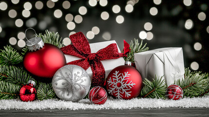 Festive Christmas Decorations Elegant Ornaments Paired with Pine Cones and Berries Creating a Classic and Joyful Holiday Ambiance with Sparkling Lights in the Background