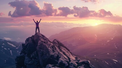 Man on Mountain Peak at Sunset