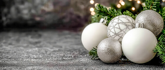 Obraz premium Festive Christmas Decorations Elegant Ornaments Paired with Pine Cones and Berries Creating a Classic and Joyful Holiday Ambiance with Sparkling Lights in the Background