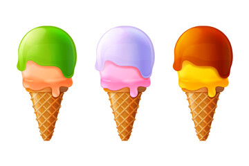 3d ice cream cones. Soft icecream restaurant serve, frozen creams balls in waffle cone or cup frozen milk american sweets summer time, realistic render exact vector illustration