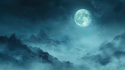 Fog-covered mountain range with a full moon perfect for mysterious and atmospheric wallpaper styles