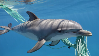 Fototapeta premium Depiction of a dolphin, as an endangered marine mammal, entangled in an ownerless fishing net or as by-catch of industrial fishing