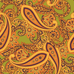 Colorful Paisley wallpaper. Vector Indonesian batik. Bright classic indian fabric. Paisley wallpaper. Ethnic background with paisley and stylized flowers. For textile, cover, wrapping paper, fabric