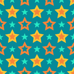 Retro Starburst Symphony: A vibrant and seamless pattern featuring bold orange and teal stars against a rich teal backdrop, evoking a playful and energetic retro vibe.