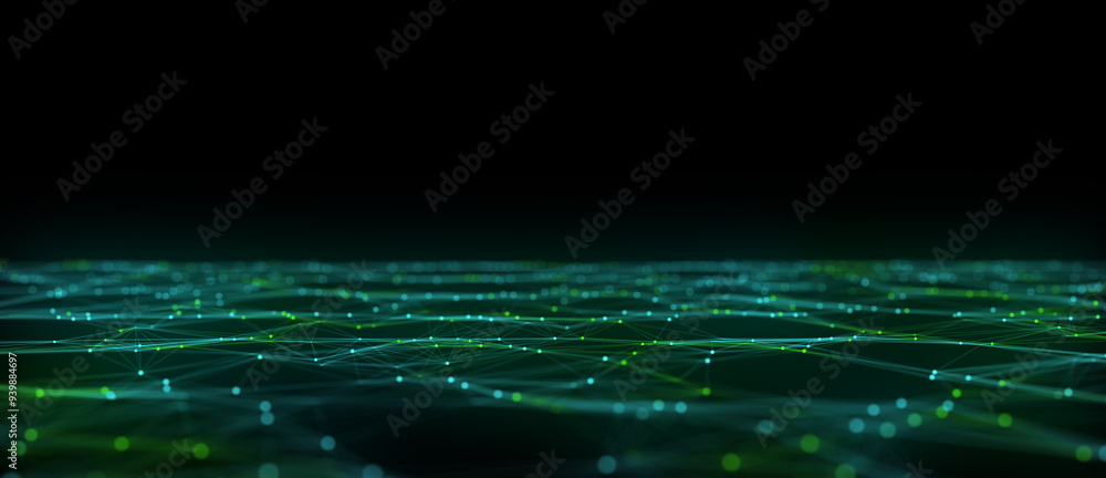 Poster dynamic green wave of particles and lines. abstract futuristic background. big data visualization. 3
