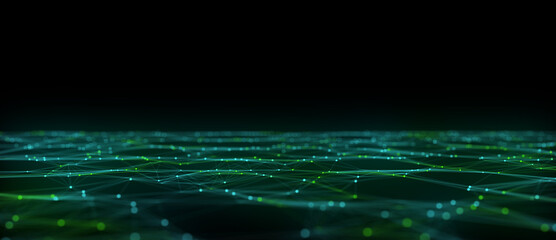 Dynamic green wave of particles and lines. Abstract futuristic background. Big data visualization. 3D rendering.