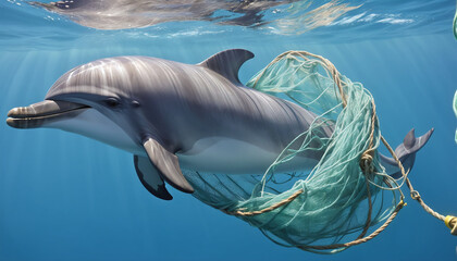 Obraz premium Depiction of a dolphin, as an endangered marine mammal, entangled in an ownerless fishing net or as by-catch of industrial fishing