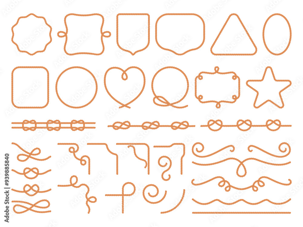 Poster rope frame borders. cartoon string border shape, cord round square frames and corner nautical knot l