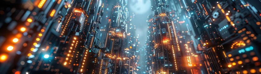 Fototapeta premium Futuristic cityscape with advanced tech, Cyberpunk, Bright, Digital, Highlighting innovation