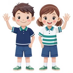 Fototapeta premium A boy and a girl are standing next to each other and waving
