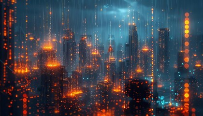 Fototapeta premium Futuristic cityscape with tech, Cyberpunk, Bright, Digital, Highlighting innovation