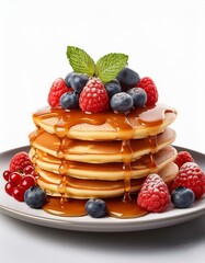 Pancakes with Caramel Syrup and berries. Raspberries Blueberries isolated on a white background	