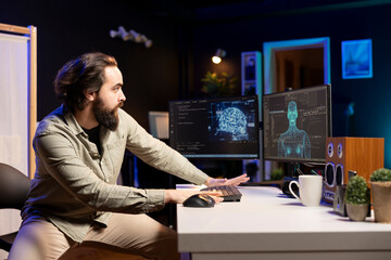 Startled engineer scared by sentient AI becoming superintelligent, gaining humanoid form, running...