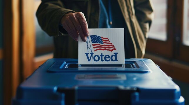 A close-up of a voter inserting their ballot into a ballot box on Election Day, with a "I Voted" sticker on their hand, emphasizing the importance of civic duty.