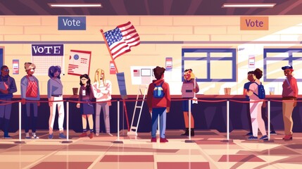A busy Election Day polling station with voters standing in line, eagerly waiting to cast their ballots, with patriotic decorations like American flags and "Vote" banners adorning the room.