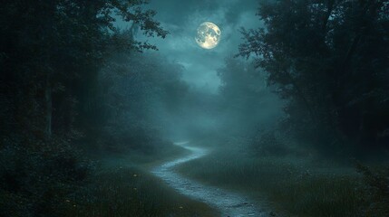Fototapeta premium Eerie forest illuminated by moonlight with a winding path perfect for atmospheric and haunting backgrounds