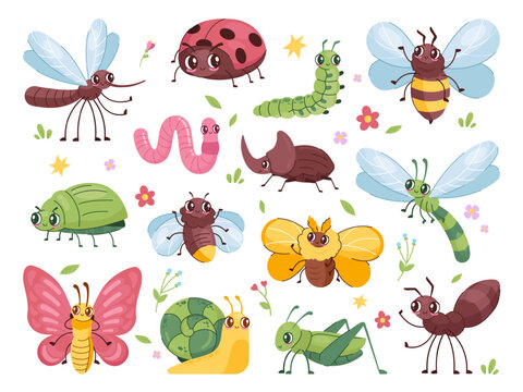 Cartoon insect characters. Children cute bug funny insects mascot, happy beetle garden pest antennae ant bee dragonfly mosquito fly bugs wildlife set, swanky vector illustration