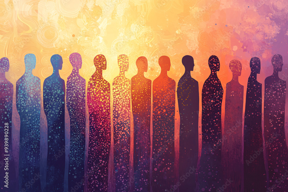Aufkleber silhouettes of figures stand in a warm gradient background with vibrant colors creating an abstract 