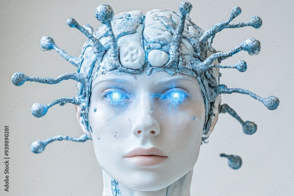 Poster portrait of a futuristic humanoid with neural spikes symbolizing the fusion of artificial intelligen