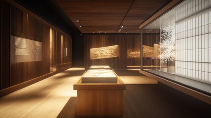 Modern Museum Interior with Wooden Walls and Display Cases