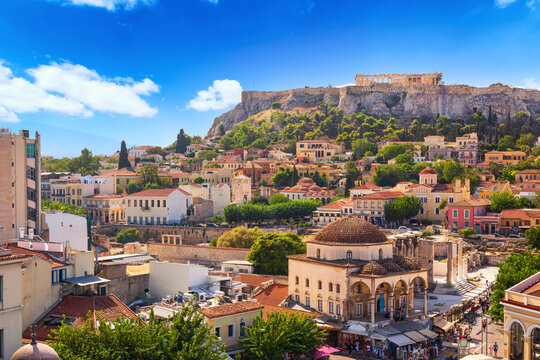 Fototapeta Skyline of Athens with Monastiraki square and Acropolis hill during sunset. Athens, Greece.