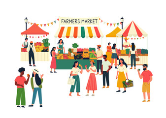 Farmers market, Bazaar, Vendors offer organic farmer production and vegetables, Local farm vegetables, Eco marketplace, Bazaar domestic produce, Flat vector illustration