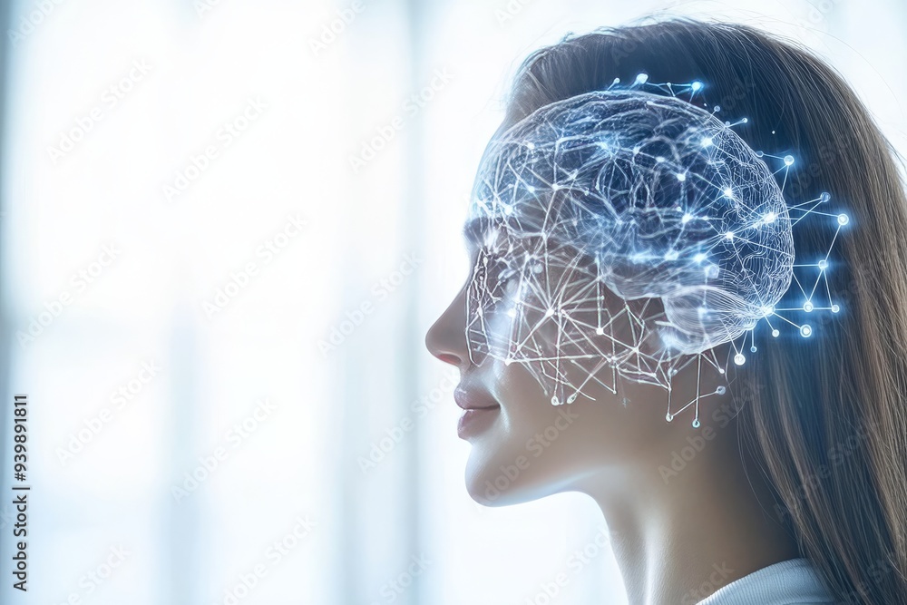 Poster side profile of a woman with an illuminated brain and neural pathways representing the concept of hu