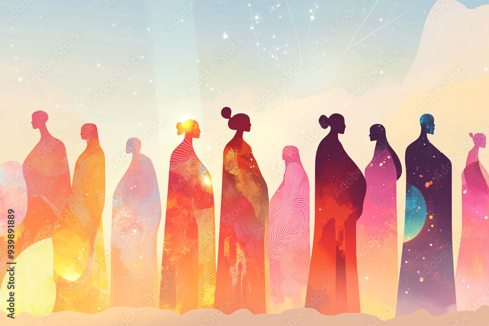 Poster abstract figures in various poses filled with vibrant colors stand against a pastel gradient backgro