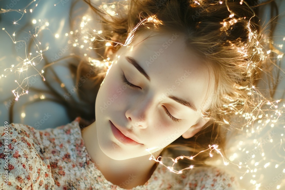 Poster sleeping woman surrounded by glowing particles representing the connection between dreams subconscio