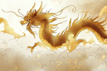 Obraz premium Golden Dragon Soaring Through the Clouds