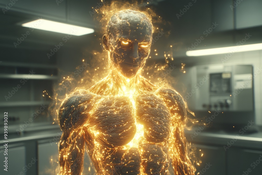Poster fiery human figure with glowing neural patterns representing raw energy creativity and the intense p