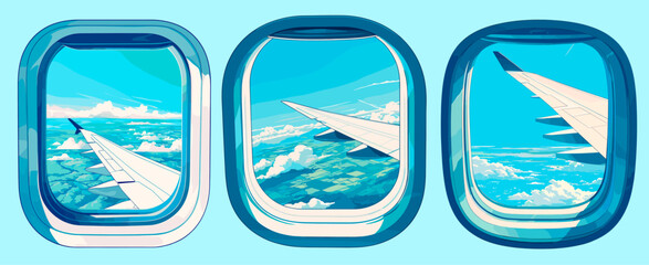 airplane window view. boeing windows, flight from above wing clouds sky travel transport air travel landscape vector illustration