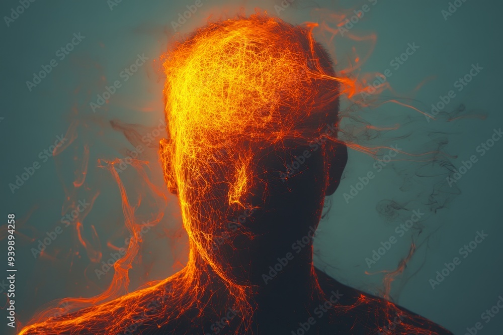 Poster abstract representation of a man with a fiery head symbolizing the raw intensity of thoughts ideas a