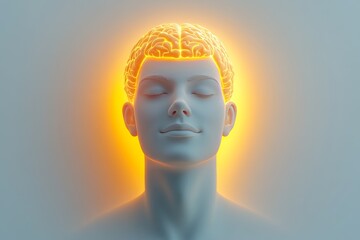 Glowing human figure with a radiant brain representing enlightenment mindfulness and the serene power of meditation in achieving mental clarity