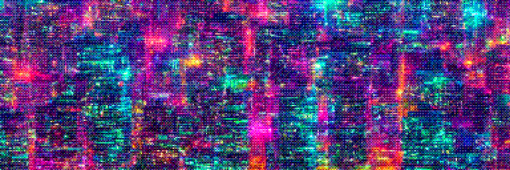 Futuristic night city with purple pink neon lights in pixel art retrowave style. Retro cityscape background with dithering effect. Vintage retro video game background. Vector illustration in 8-bit