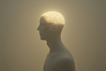 Minimalistic silhouette of a man with a glowing brain representing the simplicity depth and focused power of thought in a clean abstract composition