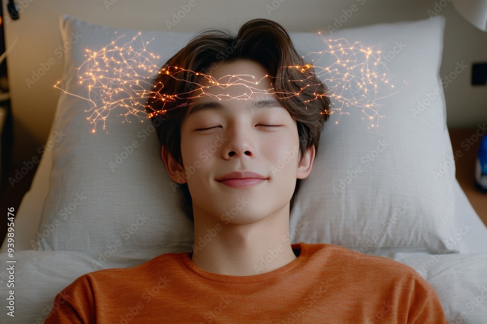 Poster smiling man in a relaxed setting with glowing brain activity symbolizing the positive effects of rel